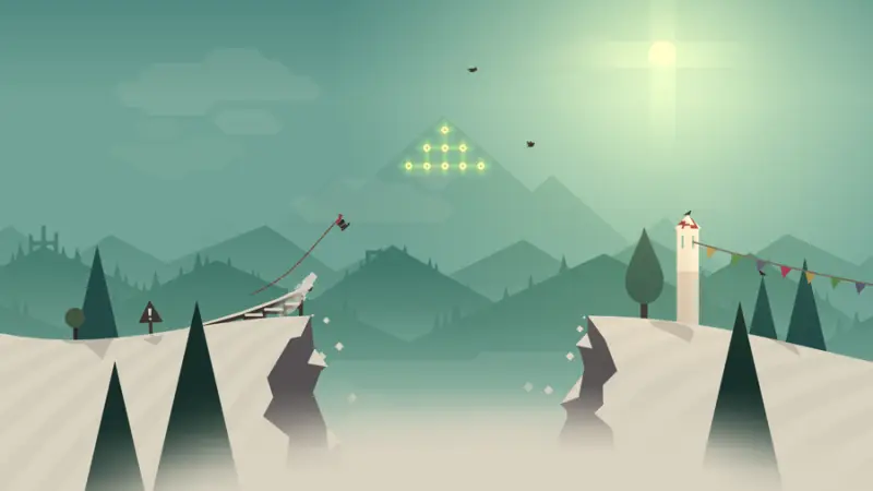 Schermata di Alto's Adventure: silhouette di uno snowboarder in volo sopra un pendio innevato, montagne stratificate sullo sfondo in tonalità verde salvia e sole basso.
