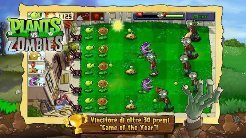 Schermata di Plants vs. Zombies: prato diviso in file con girasoli e sparapiselli schierati contro gli zombie che avanzano da destra verso la casa.