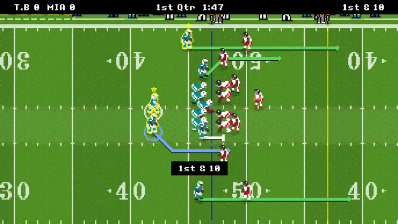Schermata di Retro Bowl: campo da football americano a pixel visto dall'alto, giocatori azzurri e rossi schierati, punteggio e cronometro nella barra superiore.